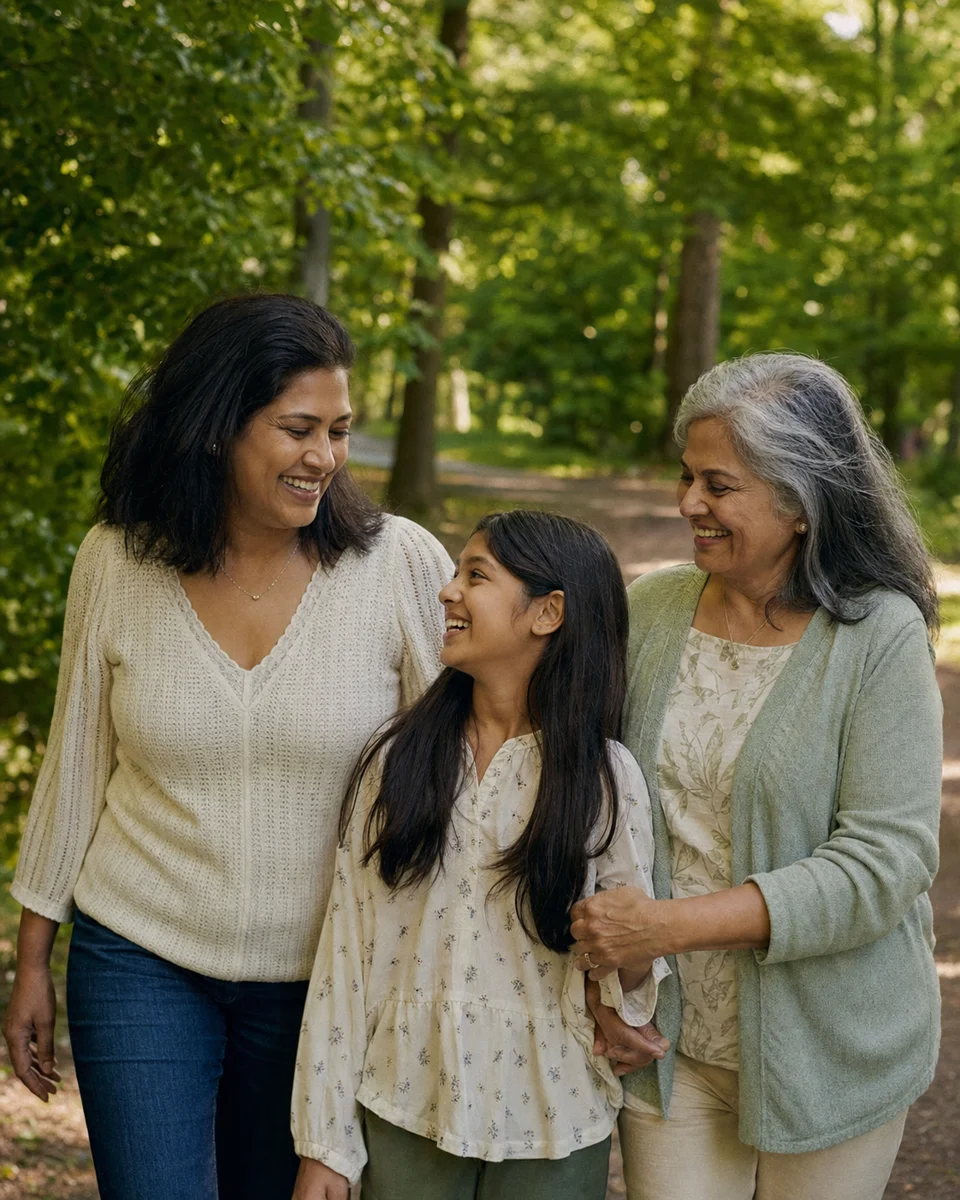 Three generations sharing a happy moment outdoors