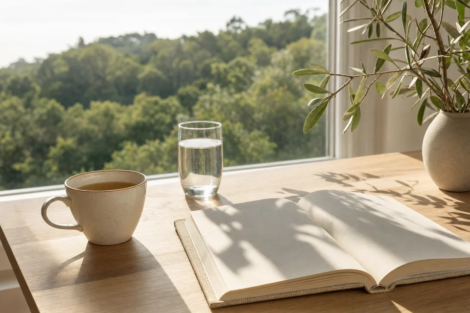 Sunlight falling on a notebook and a cup of tea
